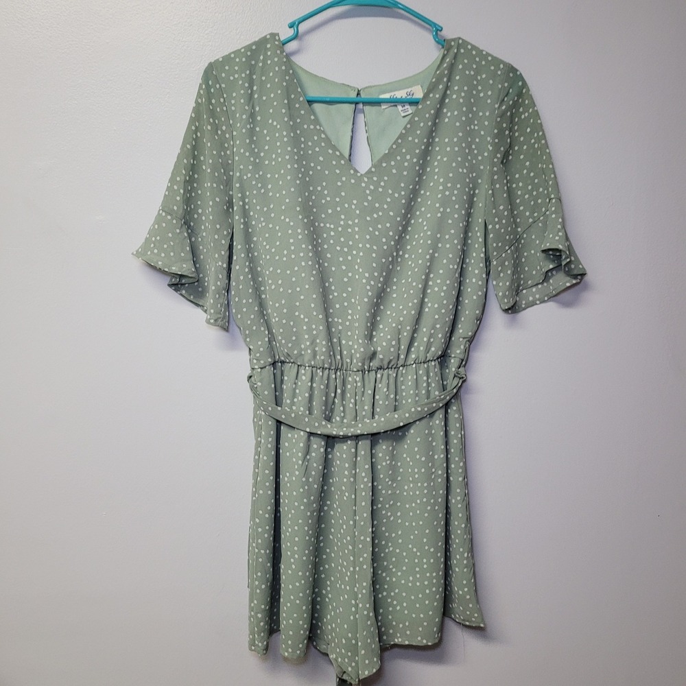 She Sky Sage Green Polka Dot Romper Ruffle Sleeve Size‎ M SS3396